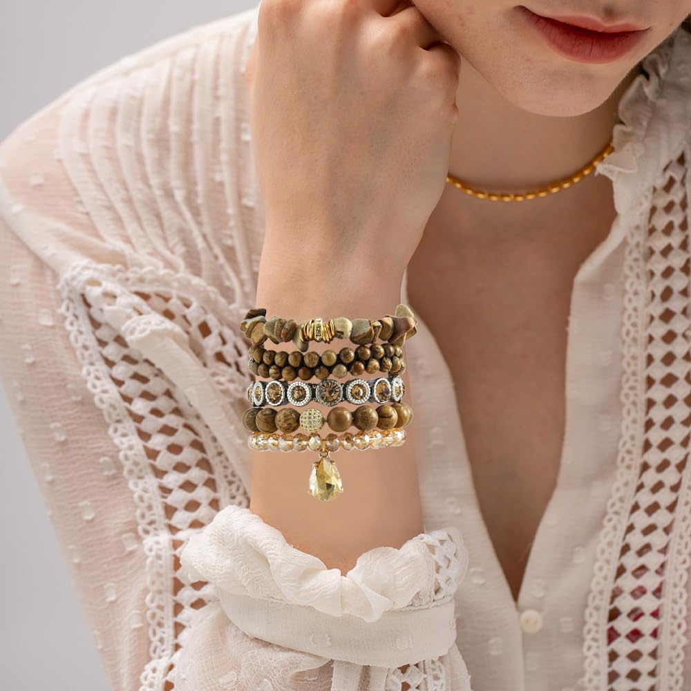 Yomisa Boho Beaded Bracelets for Women,Multilayer Wrap 5PCS Healing Natural Jasper Stone Bead Bracelets Handmade Stackable Friendship Stretchy Beaded Bracelet Set Trendy Bohemian Jewelry Gift Women