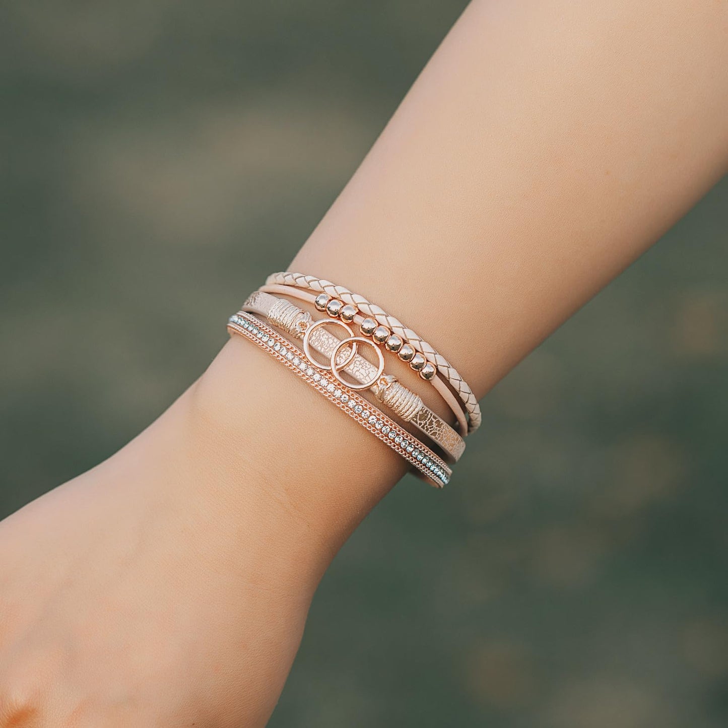 FANCY SHINY Boho Leather Wrap Bracelet Stackable Beaded Infinity Chunky Cuff Bracelets with Magnetic Clasp Western Hippie Outfits Jewelry Gifts for Women(Rose Gold)