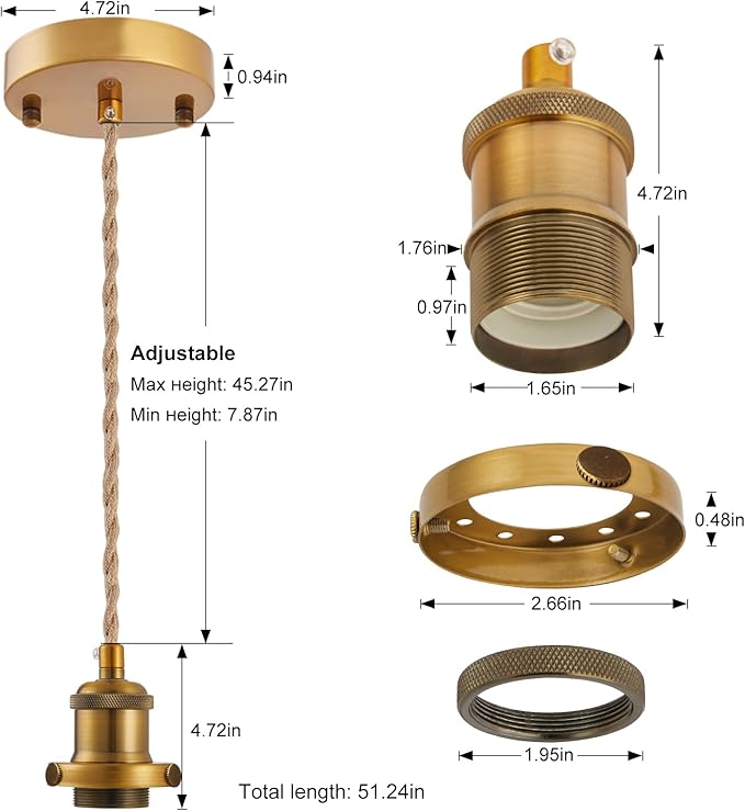 Industrial Mini Pendant Light Kit, E26 Socket Pendant Hanging Light, Hemp Rope Vintage Hanging Pendant Light Cord, Adjustable Pendant Lights Ceiling Mount Kitchen Island Farmhouse