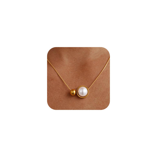 Rcidan Minimalist Pearl Pendant Necklace for Women, 14K Gold Plated Chain with Single Pearl & Bead Accent, Dainty Everyday Jewelry Gift