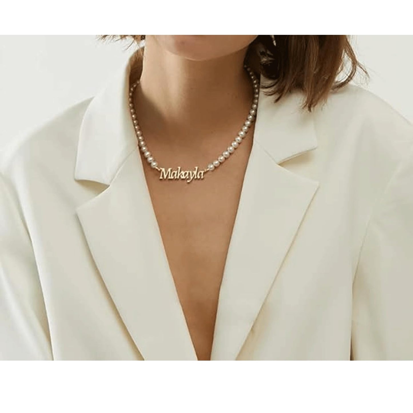 POPLYKE Custom Name Necklace with Pearl Sterling Silver Chain 7-8mm Round White Pearl Necklaces Personalized Choker Name Jewelry Gifts for Women