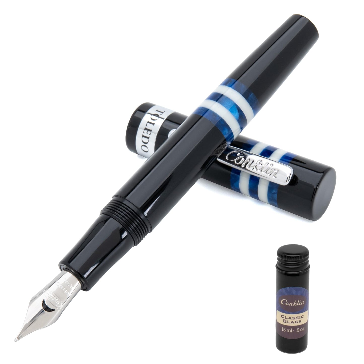 Conklin Toledo Fountain Pen – Blue Resin with 15ml Ink Bottle – Omniflex Nib – Heritage Luxury Writing Instrument for Collectors and Professionals