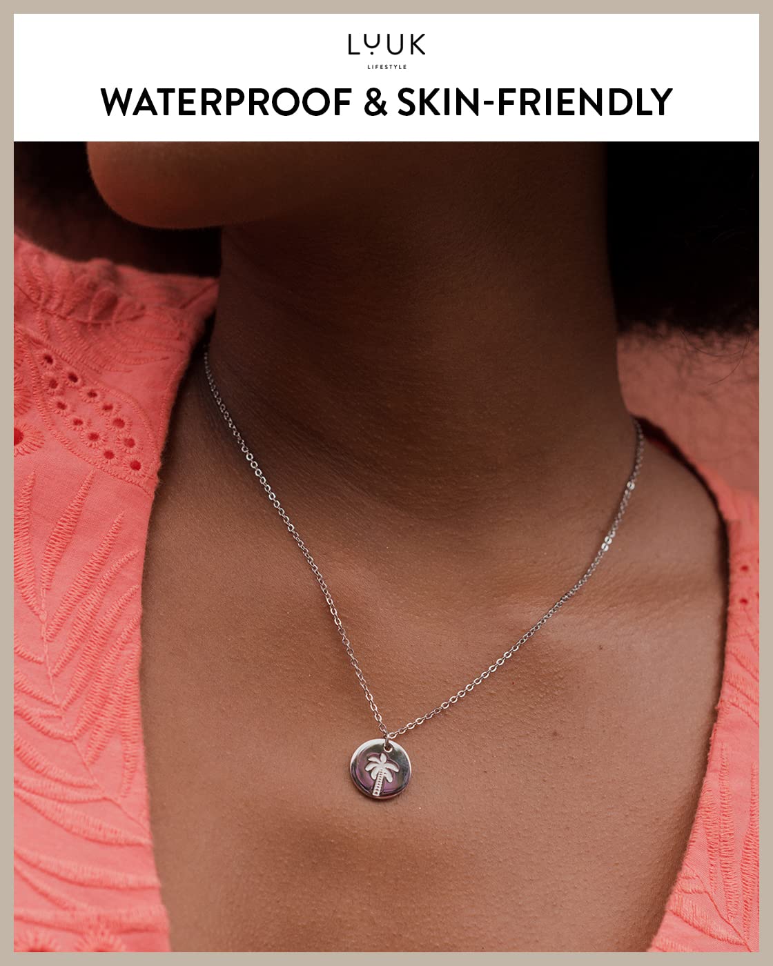 LUUK LIFESTYLE Stainless steel necklace for women with palm tree pendant and HAPPINESS card, gift idea, summer symbol, beach motif, friendship present, adjustable length 19”, fashion jewelry, silver