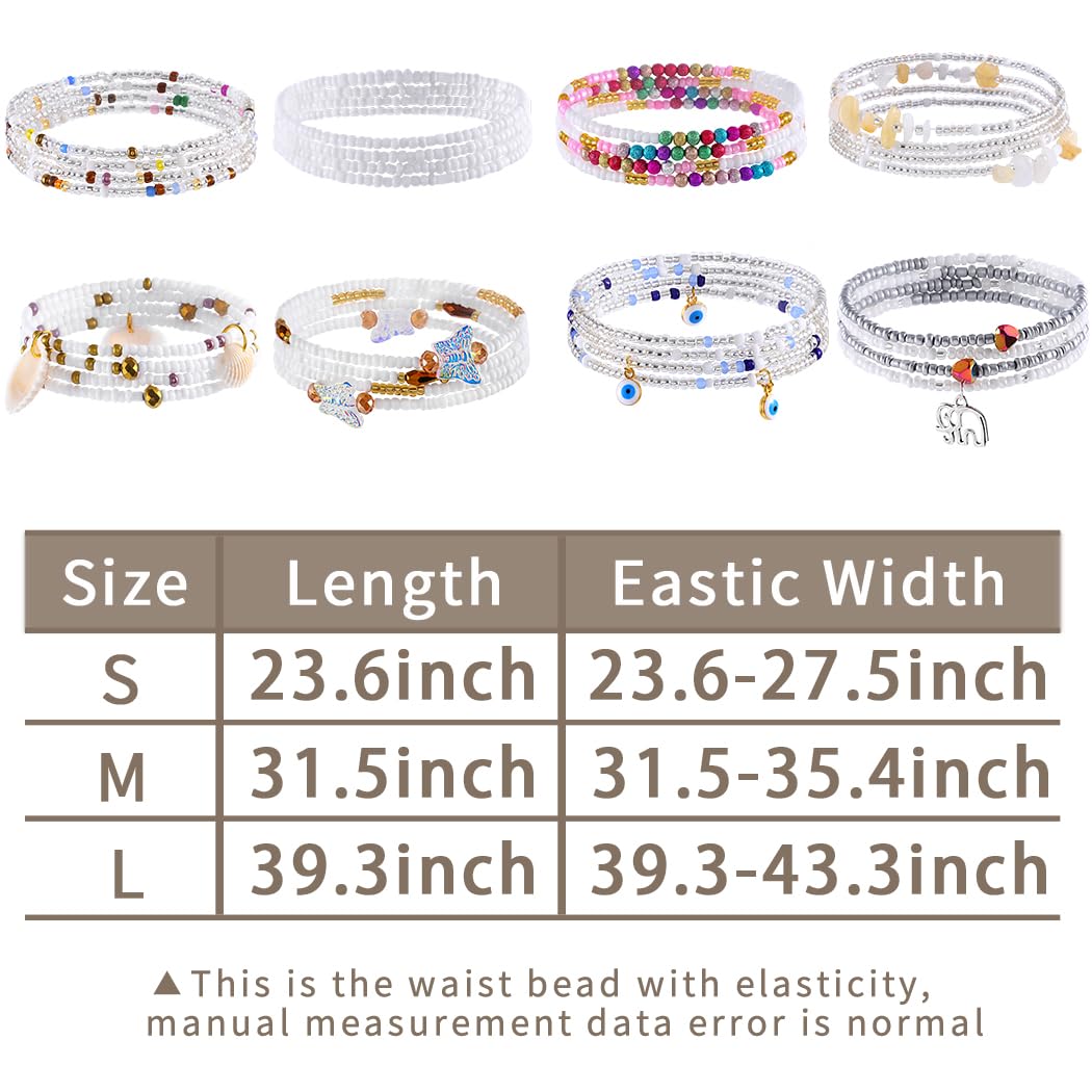 ELABEST 24-39inch African Waist Beads for Women 8Pcs Elastic Belly Beads Colorful Beaded Waist Jewelry Accessories Body Chain (White, 31.5inch/80cm)