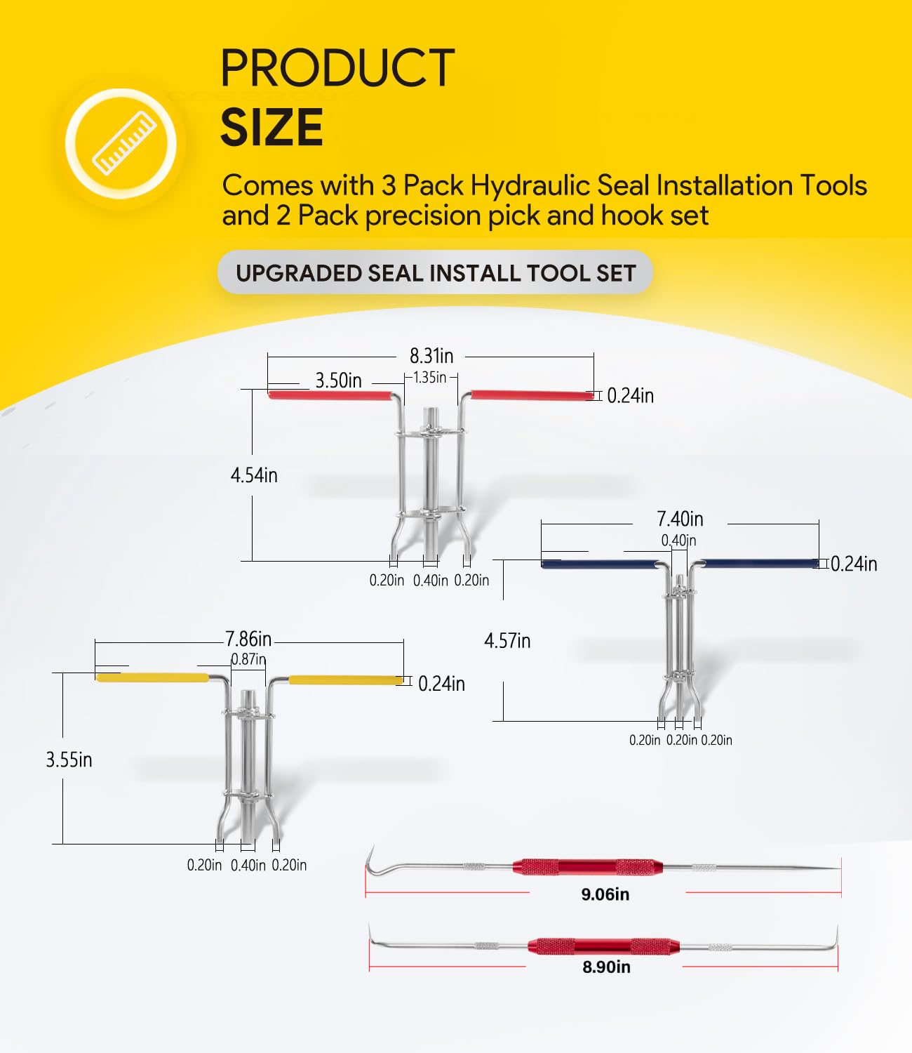 5 Pack Hydraulic Seal Installation Tool Kit, Hydraulic Cylinder Piston Repair Seal Tools, U-Cup Rod Seal Installation Tool Kits, Upgraded Seal Twistor Install Tool Set with Pick and Hook Set