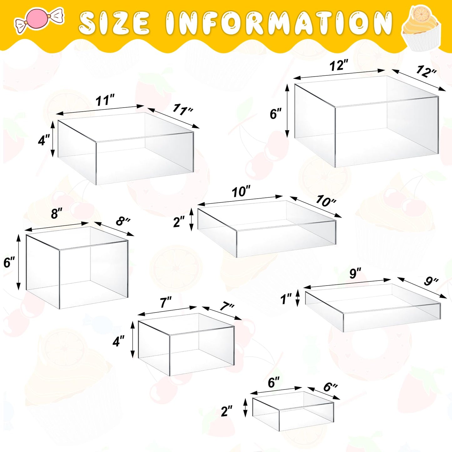 Leinuosen 7 Pcs Large Buffet Risers Set 6" to 12" Acrylic Display Box Catering Dessert Table Riser Food Display Decorative Stand with Hollow Bottom for Catering Supplies(Clear, Square)