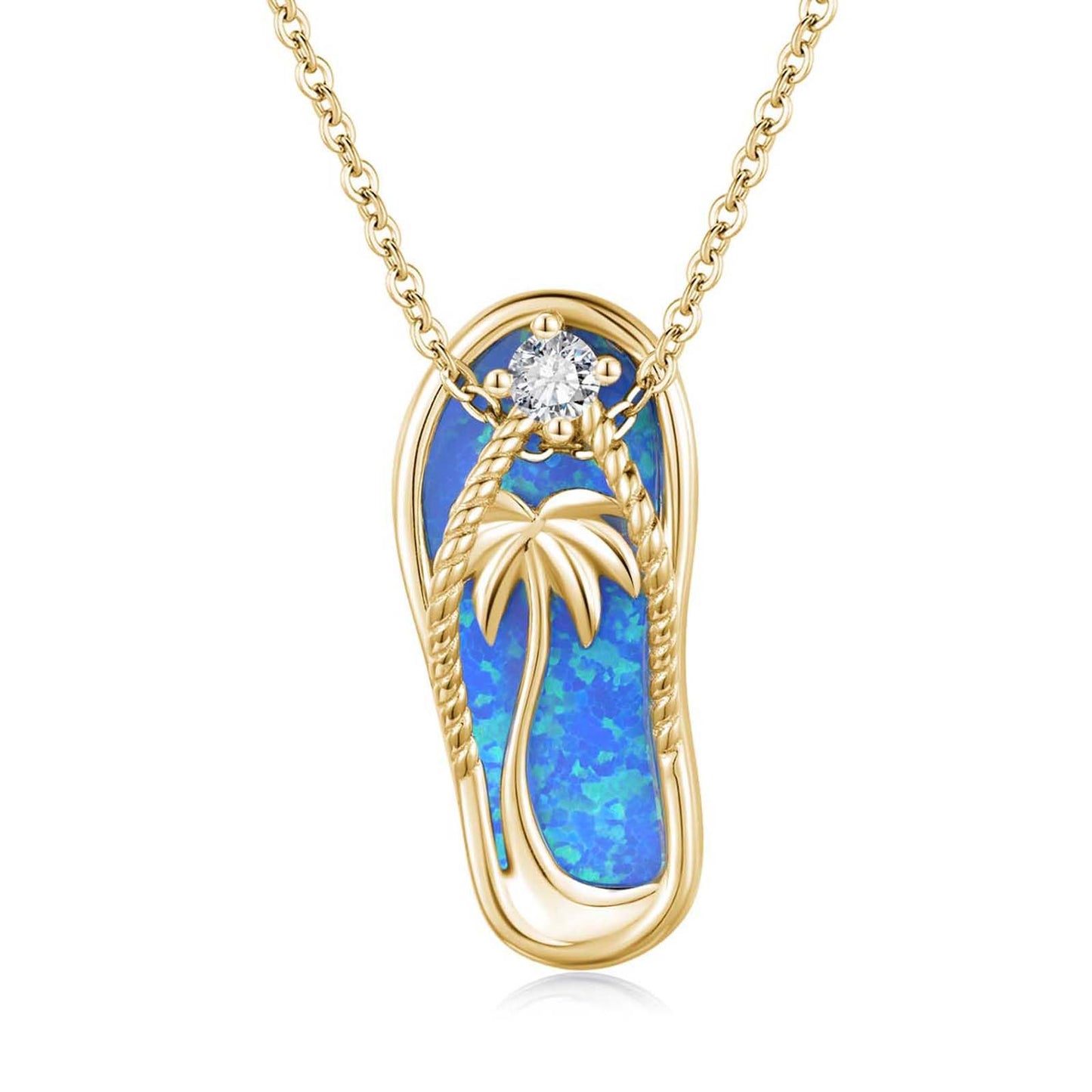 Midir&Etain Flip Flop Necklace 925 Sterling Silver 14K Gold Plated Palm Tree Pendant Beach Blue Opal Necklace Flip-Flop Opal Jewelry for Women