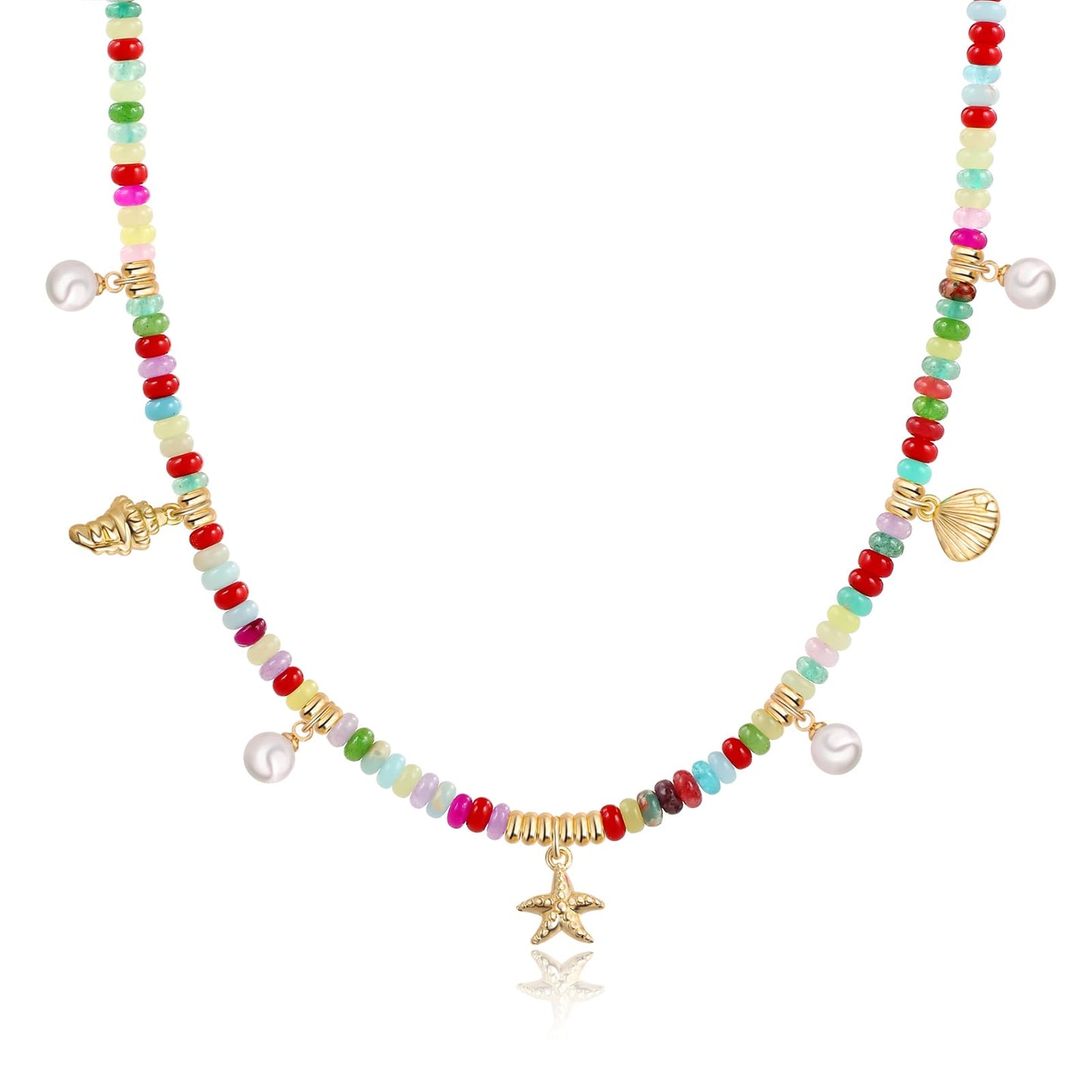 Charm Necklace for Women Colorful Beaded Gemstone Choker 14K Gold Beach Seashell Pearl Pendant Necklace Natural Stone Handmade Jewelry Gift