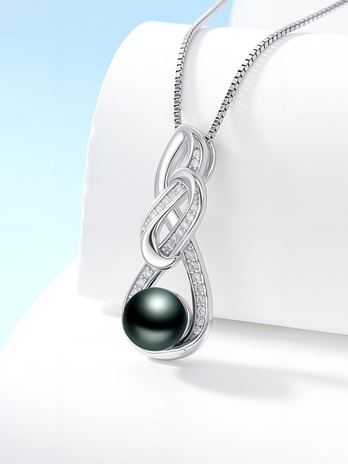 KANNSOAR 8MM Tahitian Black Pearl Necklace for Women 18K Gold Plating Sterling Silver Knot Pendant Pearl Jewelry Birthday Anniversary Valentines Day Christmas Mothers Day Gift for Wife Mom Girlfriend