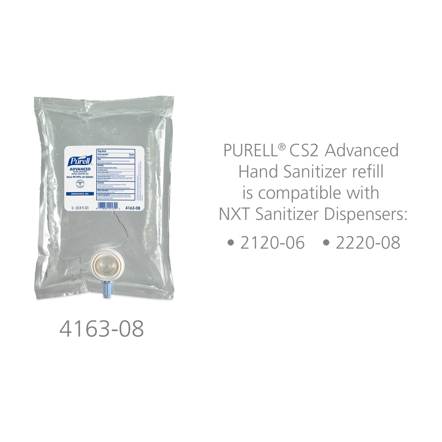 PURELL Advanced Hand Sanitizer Green Certified Gel, Fragrance Free, 1000 mL Refill for CS2 and NXT Manual Hand Sanitizer Dispenser (Pack of 8) - 4163-08