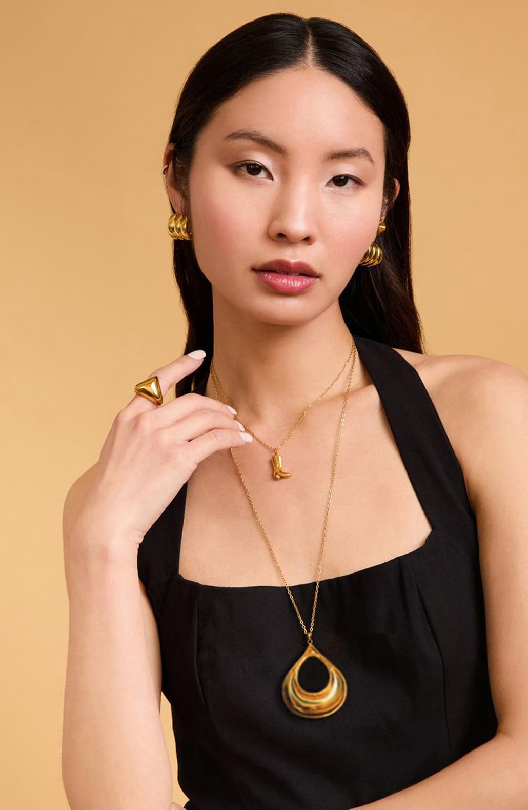 PERNNLA PEARL Long Gold Pendant Necklace for Women Open Statement Design Dainty Chain for Birthday Holiday Gift Jewelry