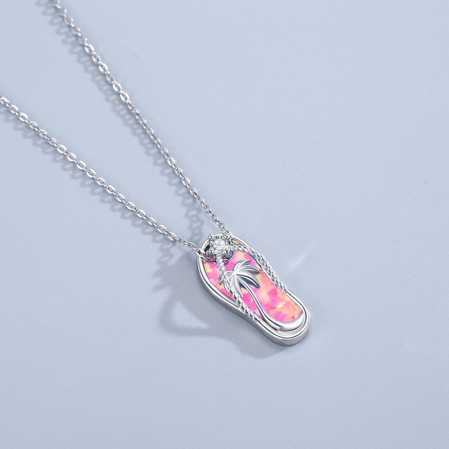 Midir&Etain Flip Flop Necklace 925 Sterling Silver Beach Palm Tree Pendant Hawaiian Pink Opal Necklace Flip-Flop Opal Beachy Jewelry for Women Prime