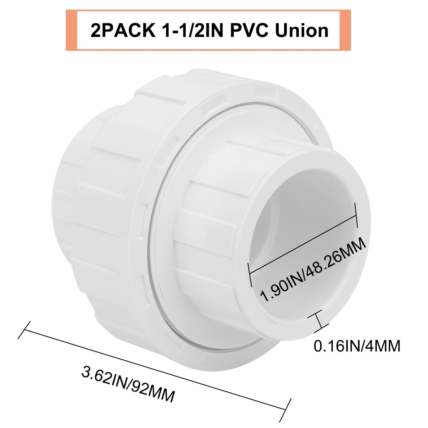 2Pcs 1-1/2" PVC Union Coupling Pipe Fitting (Socket x Socket) 1.5Inch PVC Slip Union PVC Adapter Coupling Schedule 40, EPDM O-Ring, White