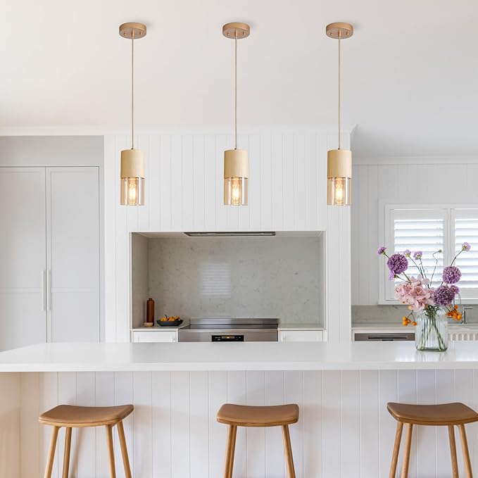 Pendant Light Fixtures, Adjustable Modern Pendant Lights for Kitchen Island, Industrial Amber Glass Pendant Lights for Dining Table Hallway Bedroom Living Room, Gold, 2 Pack