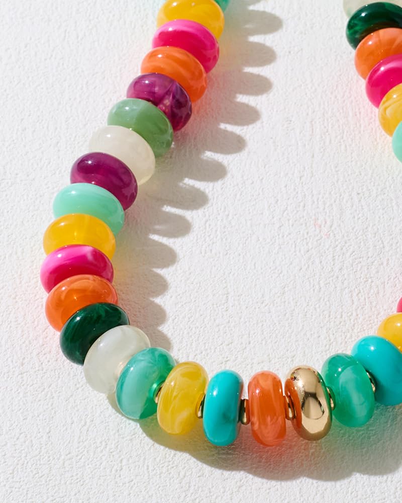 FAUTHENTICUTE Colorful Beaded Necklace for Women Large Flat Round Bead Statement Necklace with Gold Accent Trendy Boho Choker Necklaces Summer Y2K Jewelry Mothers Day Gifts