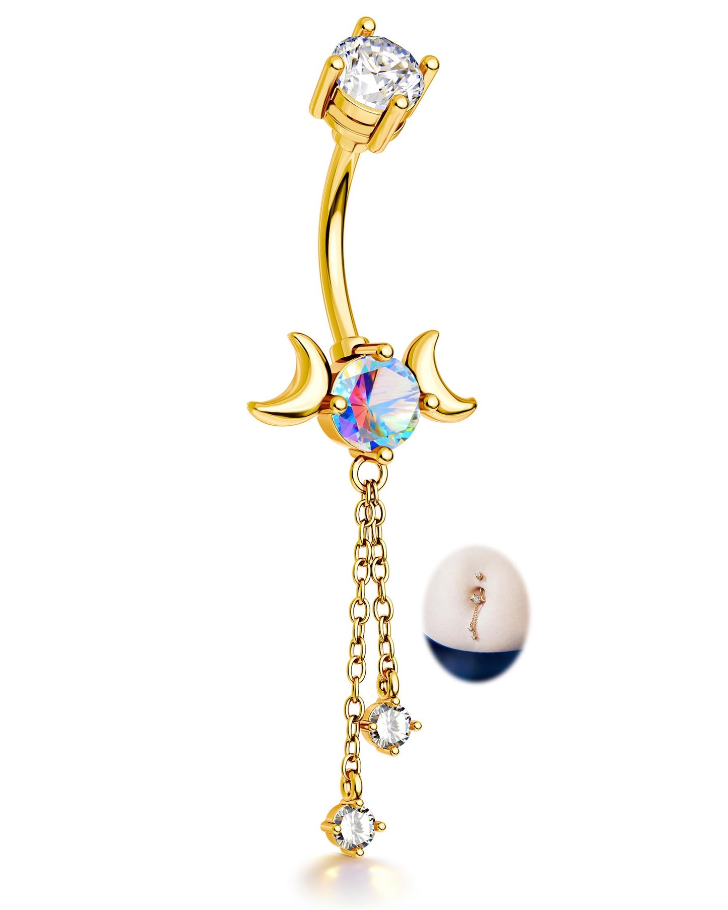 CM Crareesi Mania Dangle Belly Button Rings 14G Dangle Chain Belly Rings Moon Phase 316L Surgical Steel Gold Belly Piercing Jewelry for Women