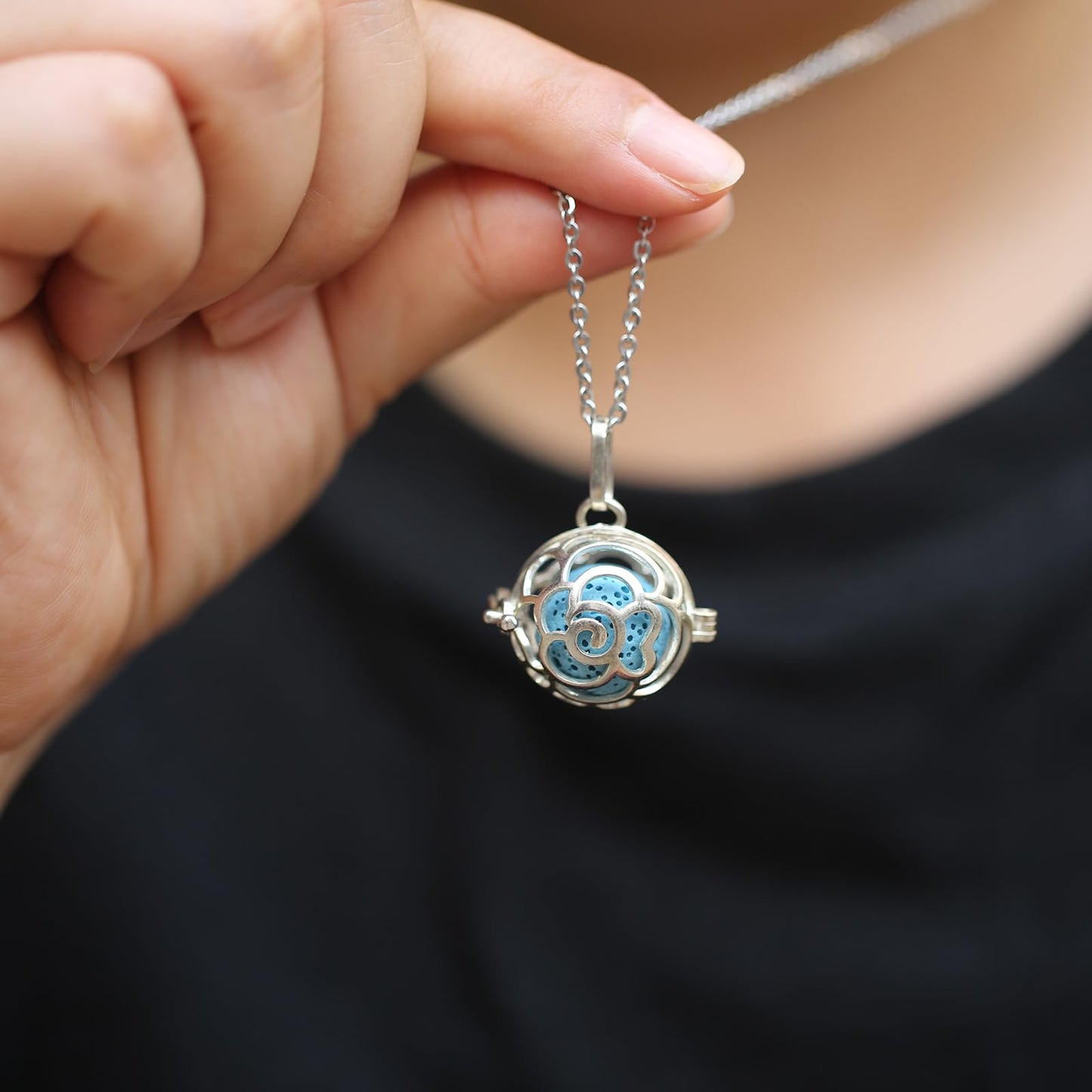 2PCS Essential Oil Diffuser Necklace Aromatherapy Lava Bead Stone Little Love Heart and Hollow Ball Locket Necklace Pendant with for Women