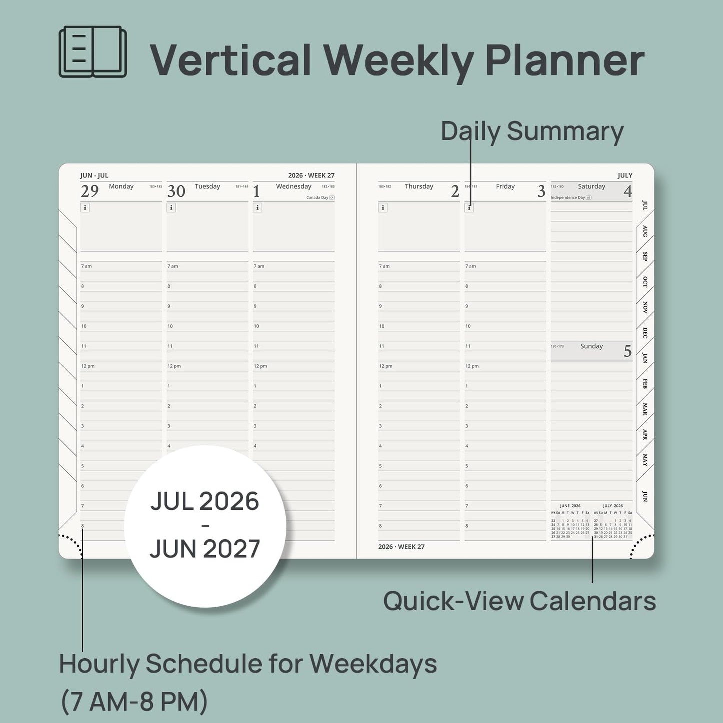 POPRUN Planner 2026-2027, 6.5" x 8.5", Academic Planner 2026-2027 Weekly and Monthly (July 26-June 27) Hourly Appointment Book with Inner Pockets, Leather Soft Cover, 100GSM - Purple