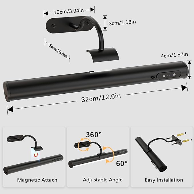 Wireless Rechargeable Picture Light, Battery Operated Art Wall Sconce with Remote Control, Magnetic Dimmable LED Picture Frame Lights for Paintings Mirror Portrait Gallery Dart Board Indoor - Black