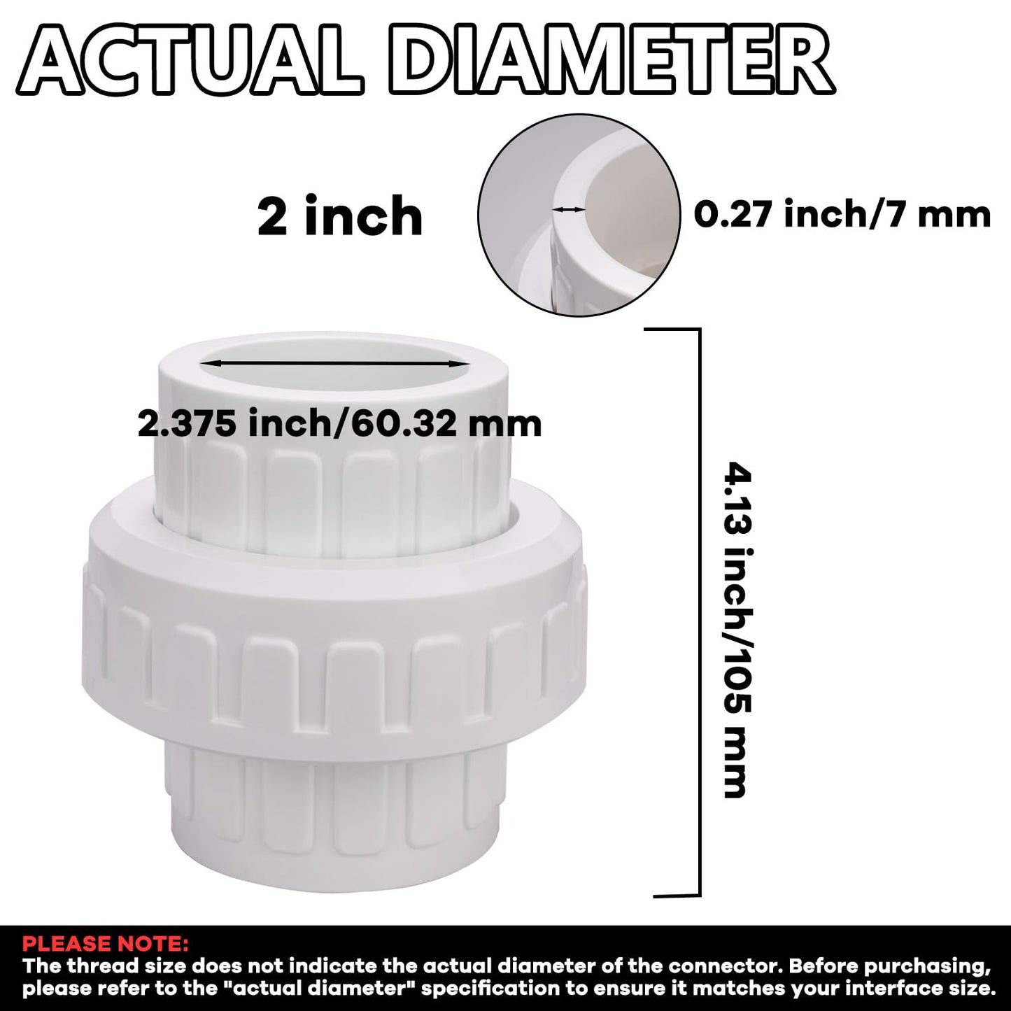 Carvedexquisitely 2" PVC Union Coupling Pipe Fitting (actual diameter 2.37") PVC Adapter Schedule 40(Socket x Socket), EPDM O-Ring, White 2 Pack