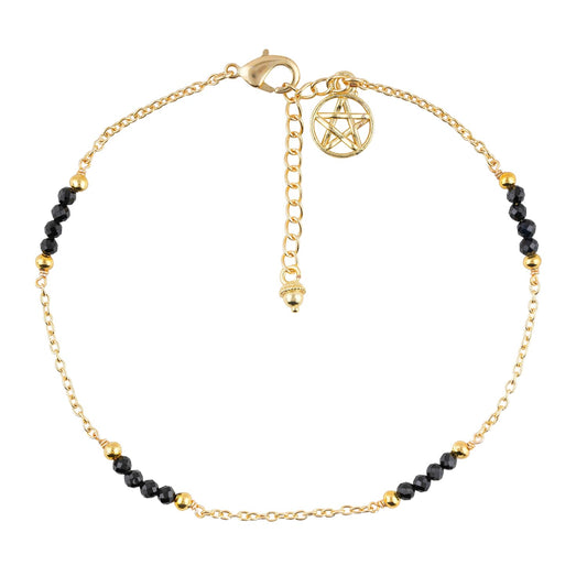 CRYSTALINES Natural Black Spinel Gemstone Beads, Handmade Station Dangle Star Charms Anklet, 14K Gold Plated, Adjustable Fashion Boho Jewelry for Women, Healing Crystals, Christmas Gift