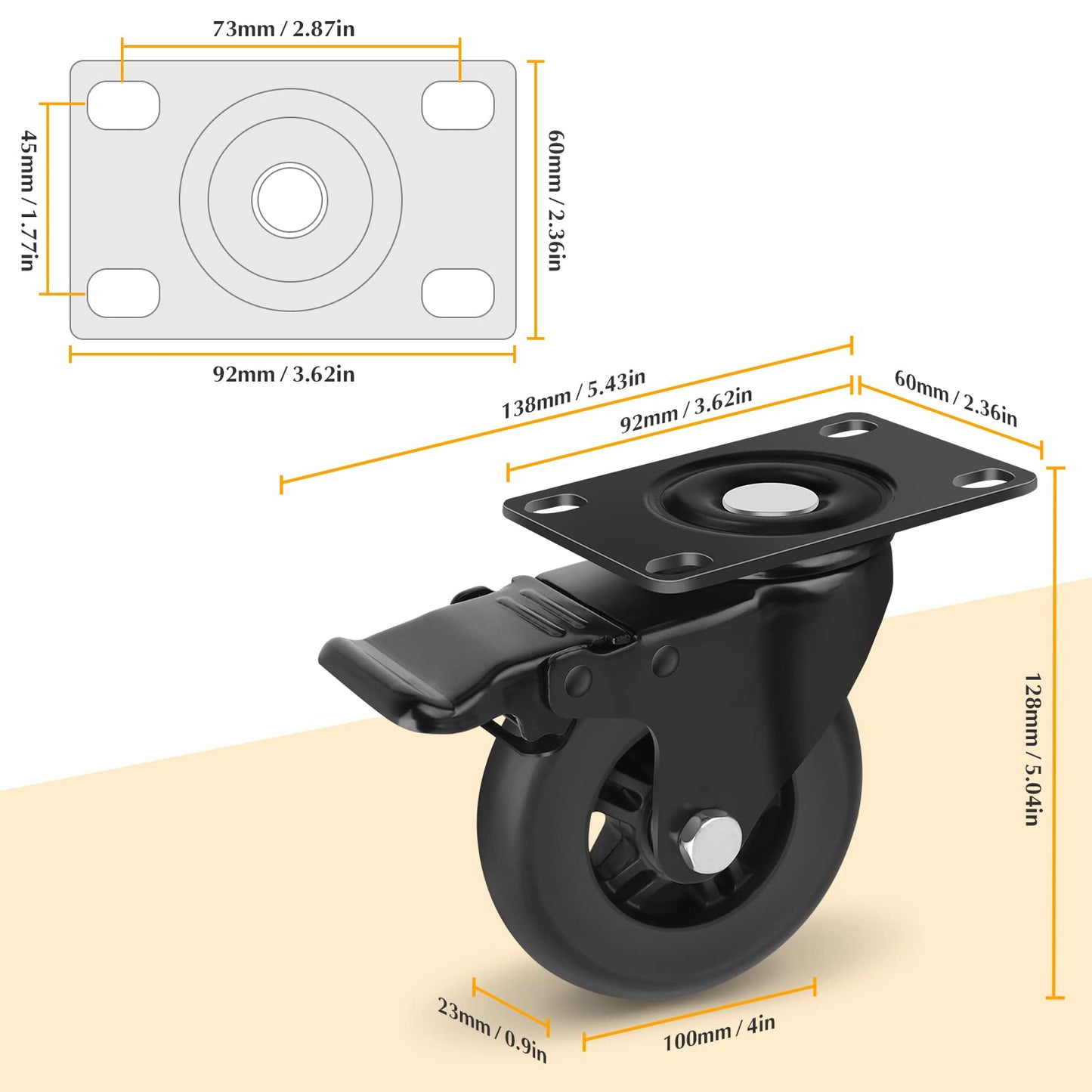 Apllamo 4" Casters Set of 4 ，4 Heavy Duty Quiet Casters, Max Load 22000LBS. Suitable to do Soft Wheels for cart ，Caster Wheels Glide Quietly and Protect The Floor, casters Set of 4 Heavy Duty.