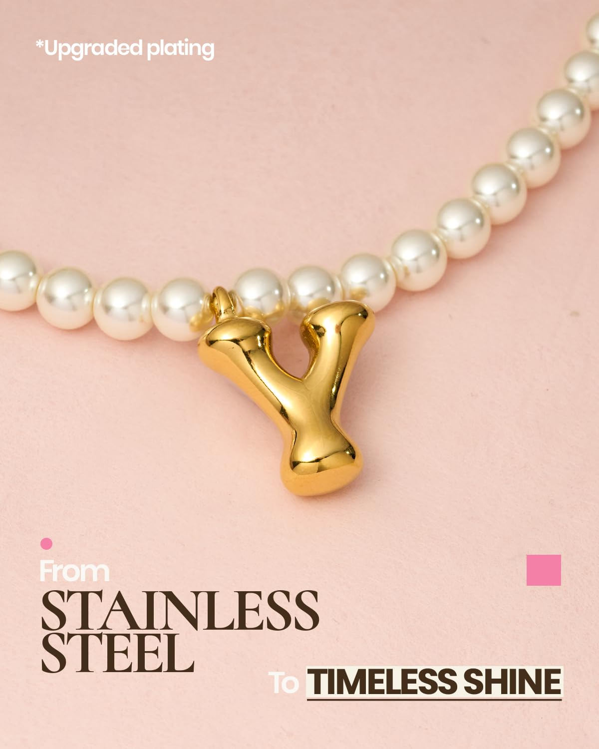 DoDoBeads Pearl Initial Necklace, 18K Gold Plated Stainless Steel Balloon Letter Pendant Y, Non-Tarnish Waterproof Chunky Monogram Jewelry Gifts for Women Teens