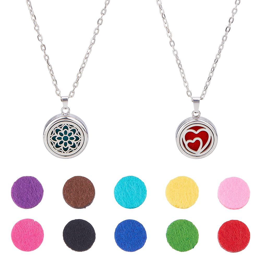 Hobbspring Necklace 2 Sets Aromatherapy Essential Oil Diffuser Necklace 2 Styles Stainless Steel Oil Pendant with Felt Pads Flower & Double Heart Aromatherapy Locket Necklaces Gift for Woman Men