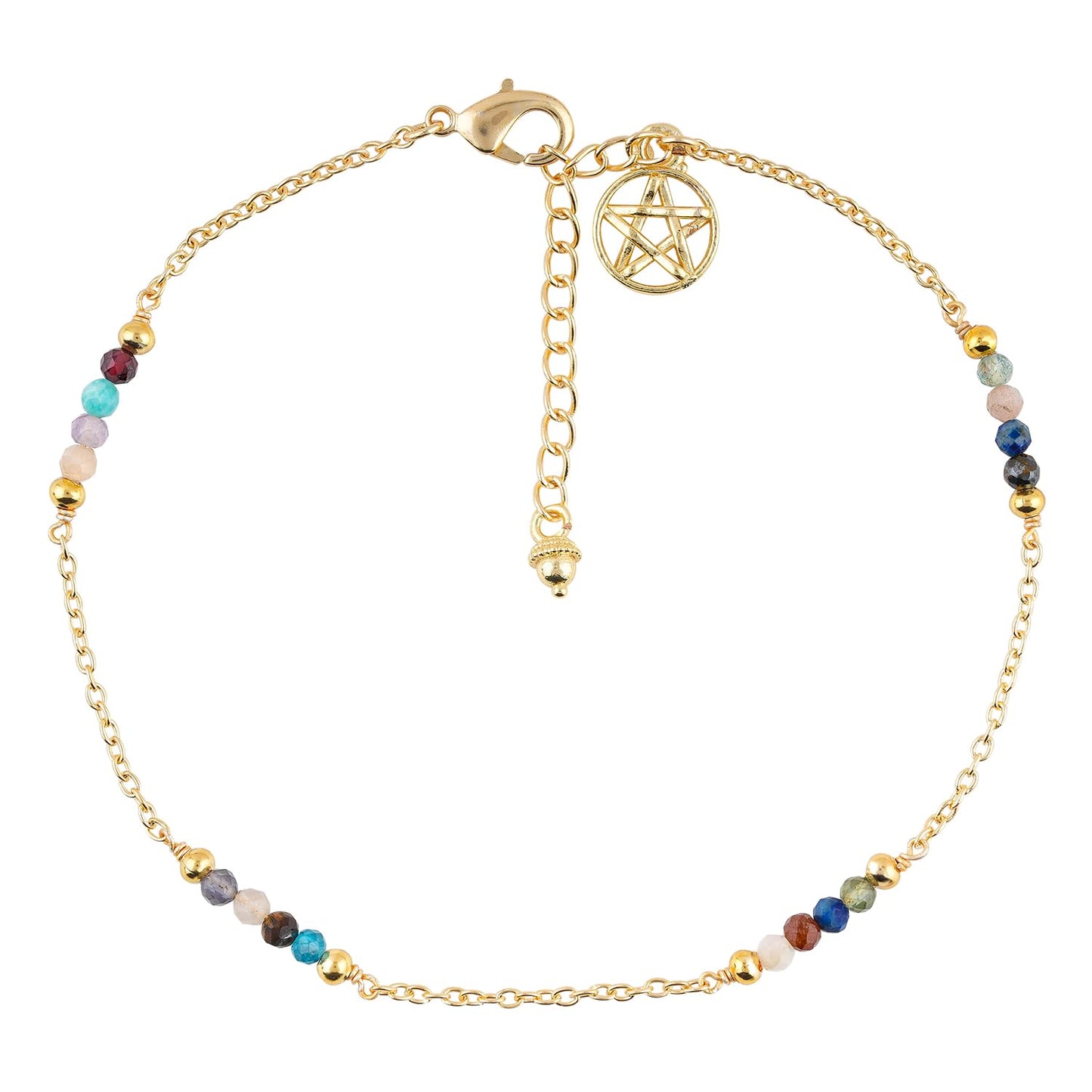 CRYSTALINES Natural Multi Gemstone Beads, Handmade Station Dangle Star Charms Anklet, 14K Gold Plated, Adjustable Fashion Boho Jewelry for Women, Healing Crystals, Christmas Gift
