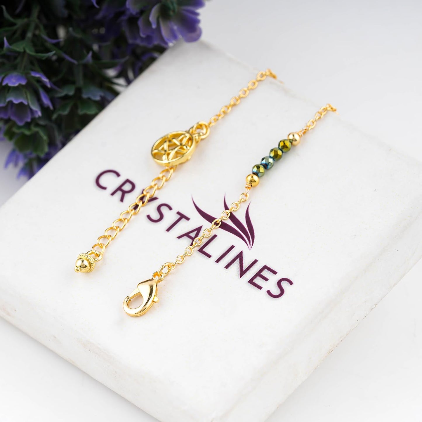 CRYSTALINES Natural Green Hametite Gemstone Beads, Handmade Station Dangle Star Charms Anklet, 14K Gold Plated, Adjustable Fashion Boho Jewelry for Women, Healing Crystals, Christmas Gift