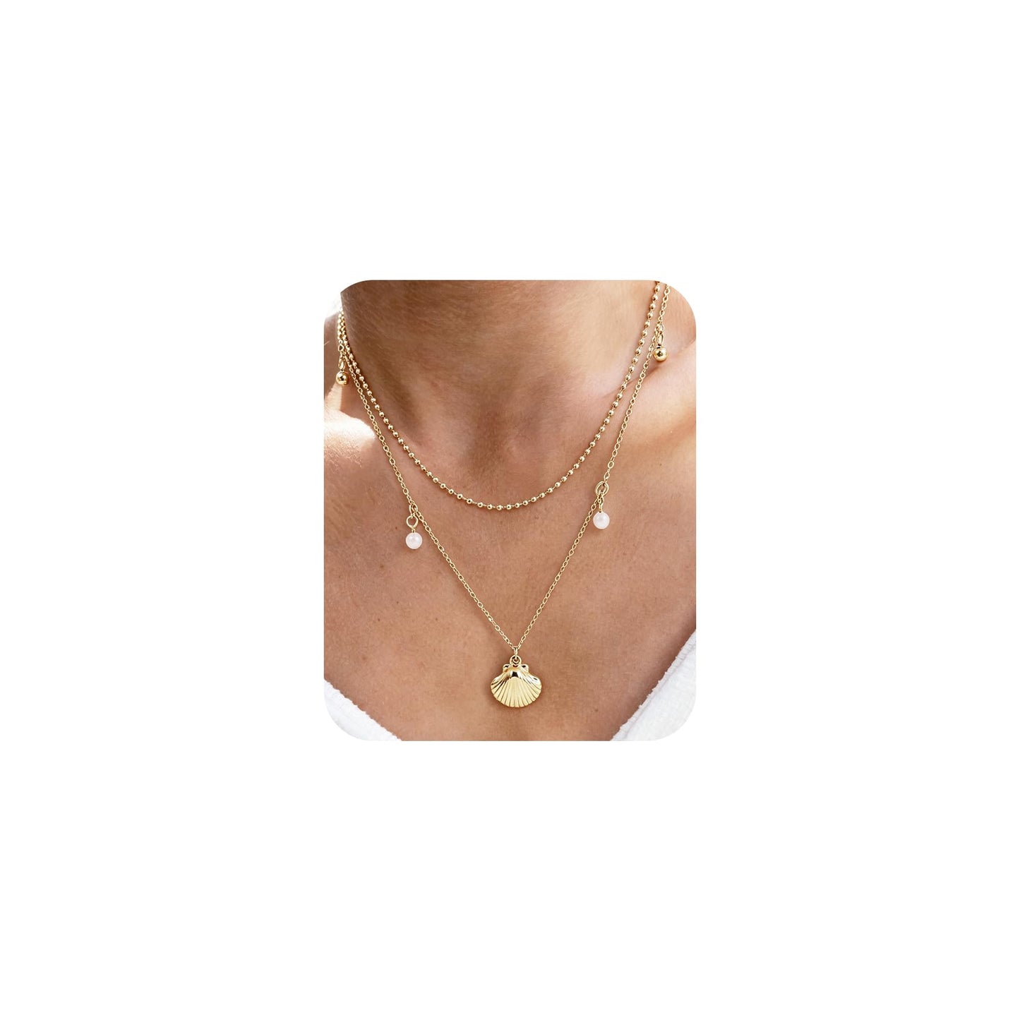 Starfish Shell Necklace for Women,14k Gold Plated Silver Layered SeaShell Pearl Pendant Charm Necklaces Dainty Non Tarnish Adjustable Waterproof Beaded Necklace Stack Jewelry for Summer Beach Vacation (Gold Shell Necklace)