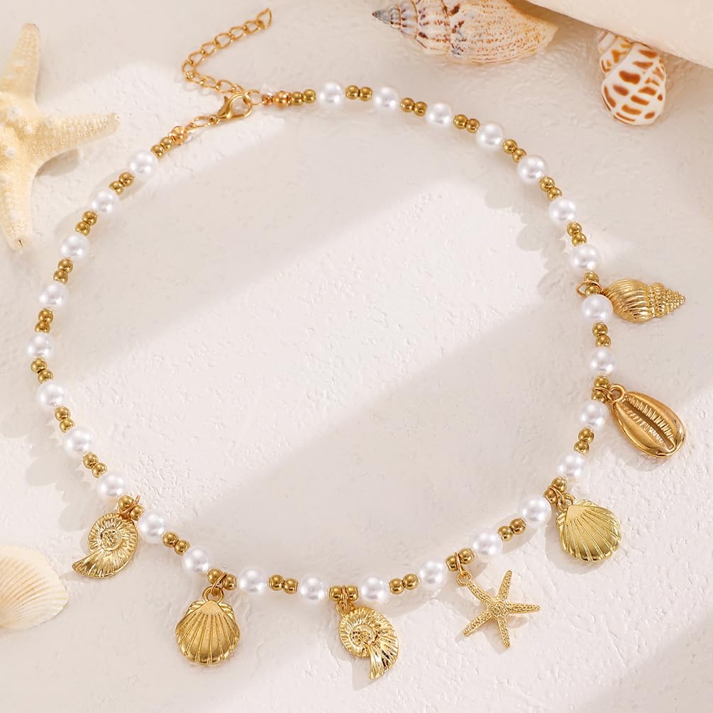 Gold Starfish Conch Oval Pearl SeaShell Necklace for Women Trendy, Statement Boho Shell Pearls Beaded Chain Necklaces Holiday Beach Party Jewelry (Gold 2)