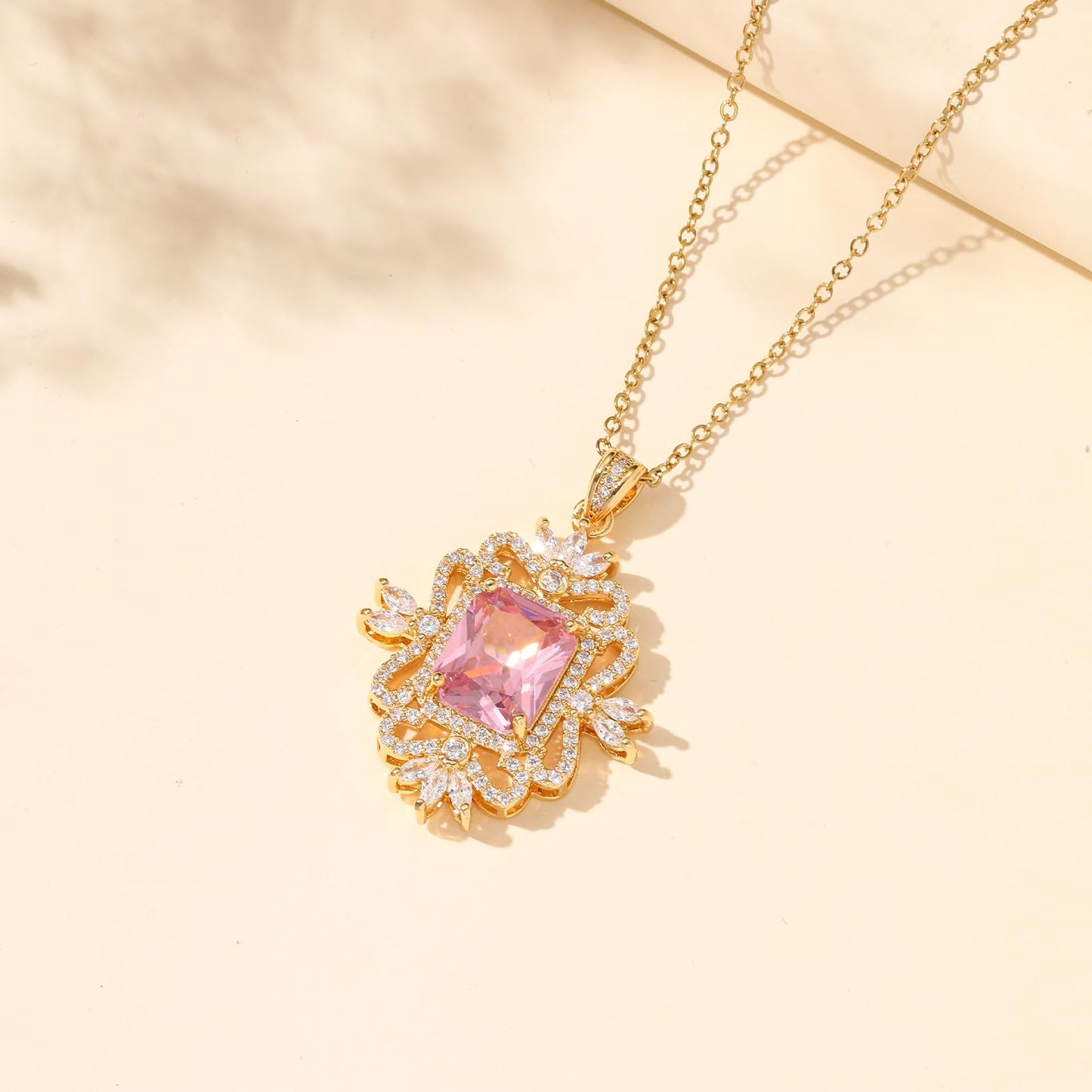 Pink Square October Birthstone Rose Quartz Necklace for Women-Gold Plated Rose Quartz Jewelry Waterproof Non Tarnish Baroque Maximalist Jewelry For Birthday Valentines Day Mother's Day Christmas Thanksgiving Gifts