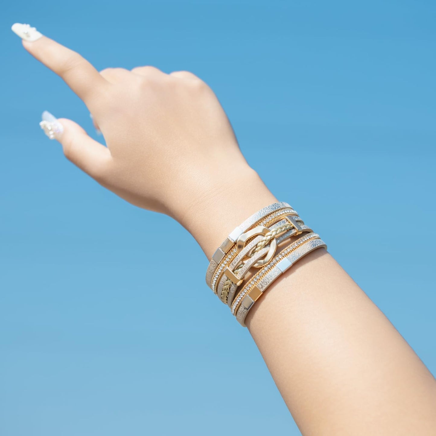 FANCY SHINY Boho Leather Wrap Bracelets Circle Square Bead Braided Handmade Stackable Bracelet Trendy Cuff Bangle for Women(Cream)