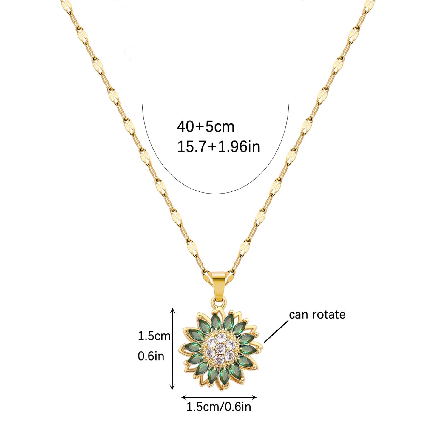 KONPJE Sunflower Fidget Necklace for Women Gold Moon Necklace Rotating Heart Necklaces Spinning Crystal Sunflower Anxiety Necklaces Crescent Moons Jewelry Accessories (Green)