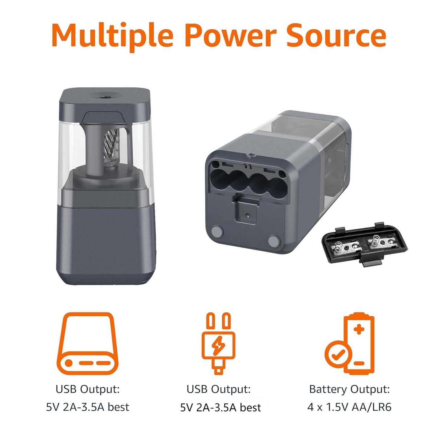 Amazon Basics Portable Electric Pencil Sharpener, Easy to Use, Versatile, Helical Blade, Auto Stop, Battery/USB Cord Operated, Black, 2.87 x 2.87 x 5.3 in