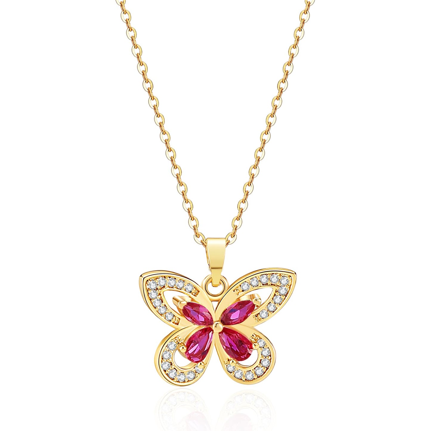 crataly Ruby Butterfly Necklace For Women-Gold Plated July Birthstone Necklace For Valentine's Day Mother's Day Christams Birthday Gifts