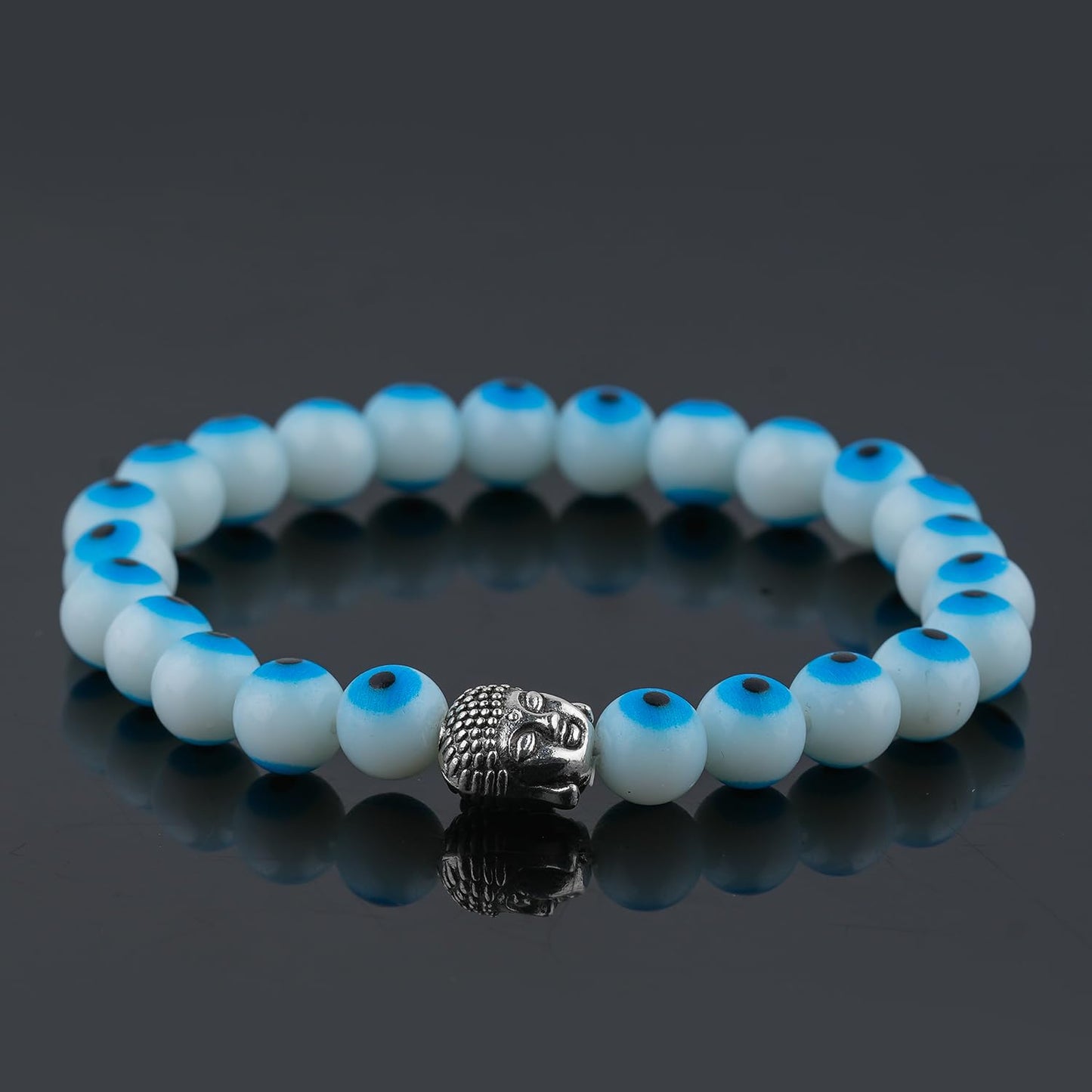 CRYSTALINES Buddha Charm Stretchable Braceclet, Evil Eye Gemstone Beads, Plain Round Stones, Handmade Boho Strech Bracelet, Adjustable Spiritual Healing Crystal Unisex Jewelry Gift