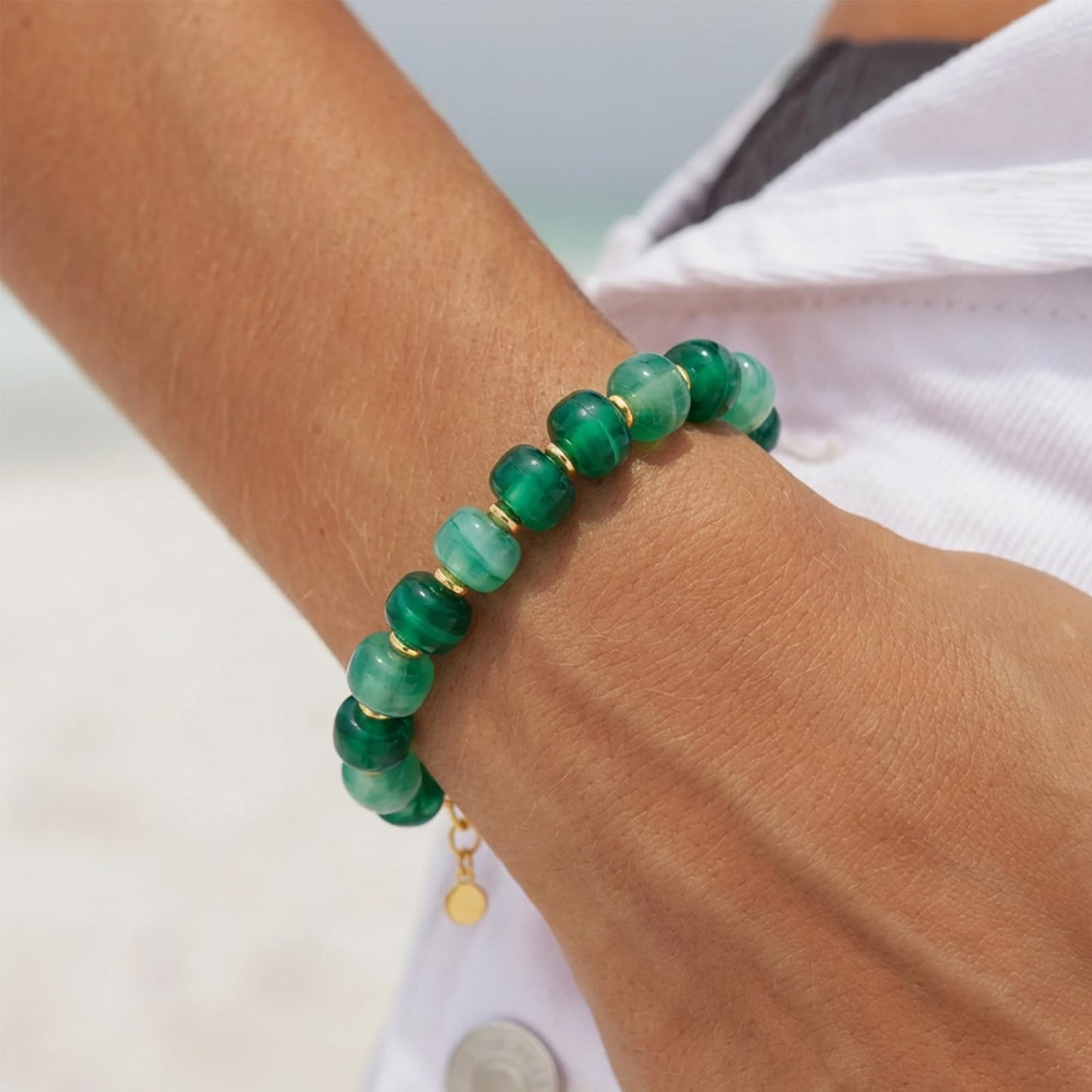 HolidayQbee Beaded Bracelets for Women Dainty Chunky Bracelet Green Beaded Boho Summer Bracelet Fashion Trendy Stone Beads Bracelet Beach Jewelry Gifts