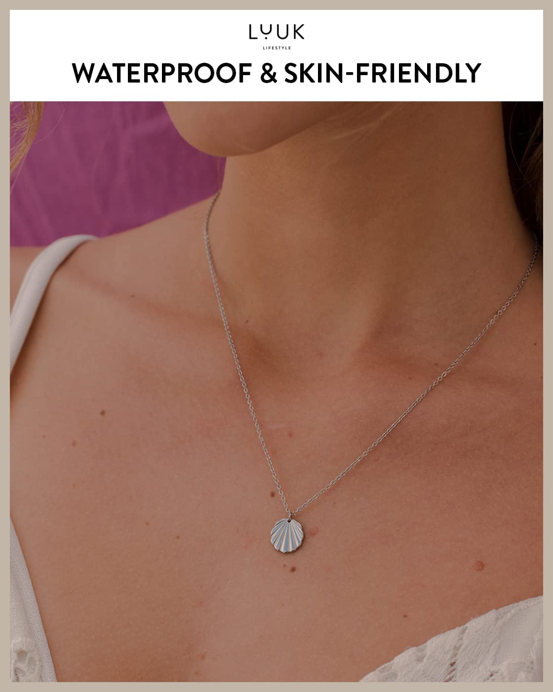 LUUK LIFESTYLE Necklace for women with shell pendant, stainless steel and HAPPINESS gift card, for everyday wear and holidays, classy and trendy summer jewelry, sea and beach motif, silver