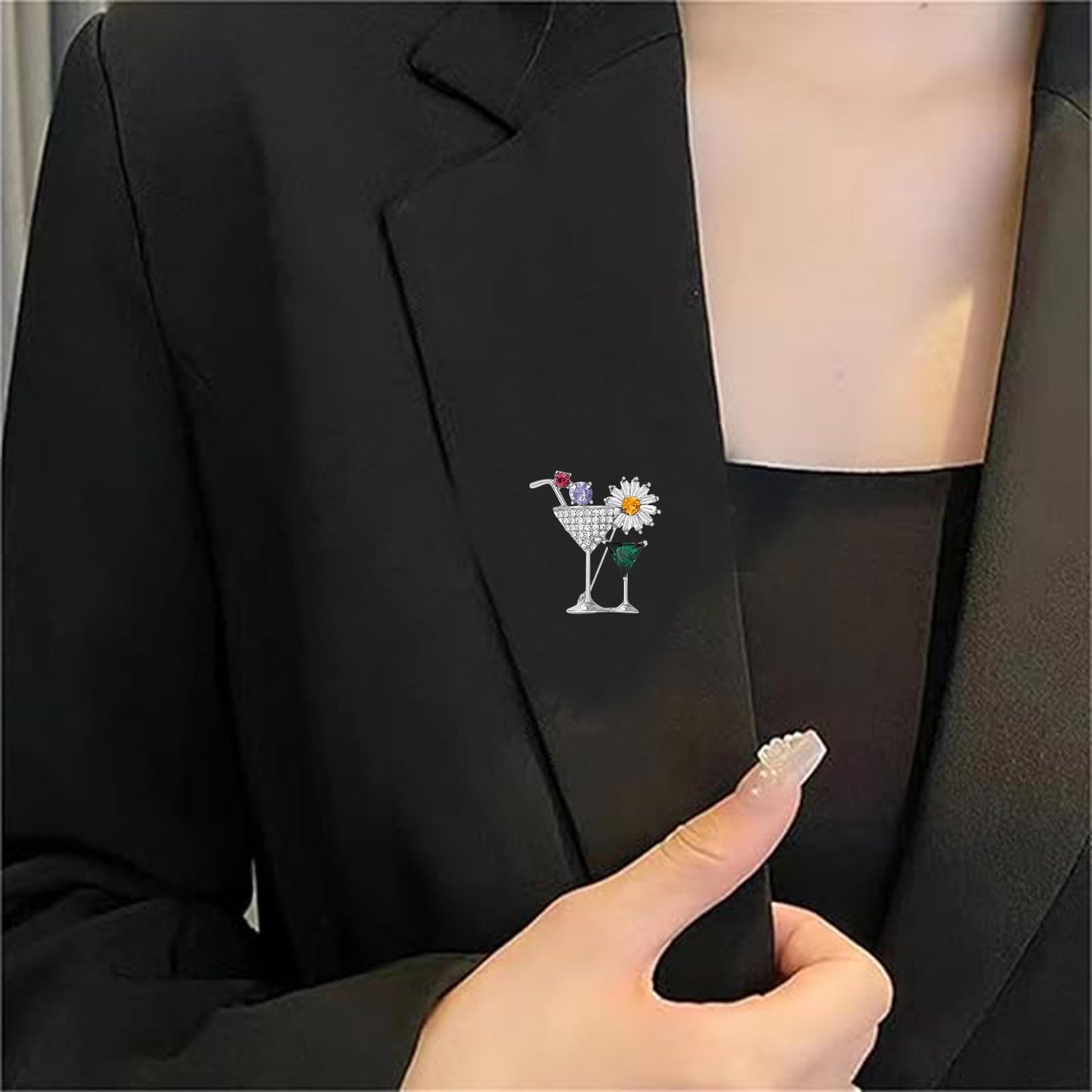 DEYOUM Cocktail Wine Glass Brooch Pin for Women Trendy Cute Cocktail Wines Glass Wine Bottle Brooch Pin Party Hat Bag Suit Charm Jewelry Gift Accessories (silver)