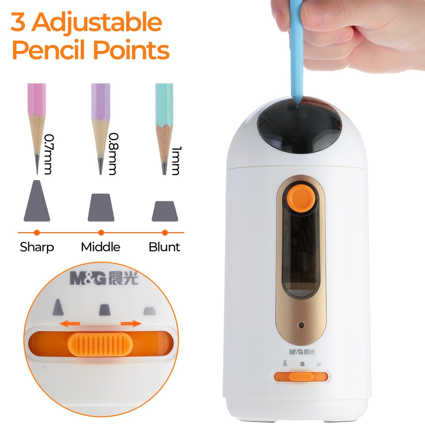 M&G Electric Pencil Sharpener for Colored Pencils 6.5-11mm, Fully Automatic Astronaut Design Pencil Sharpener, Auto In & Out Hands-Free, Rechargeable USB/Battery Operated, Home Classroom Office, White