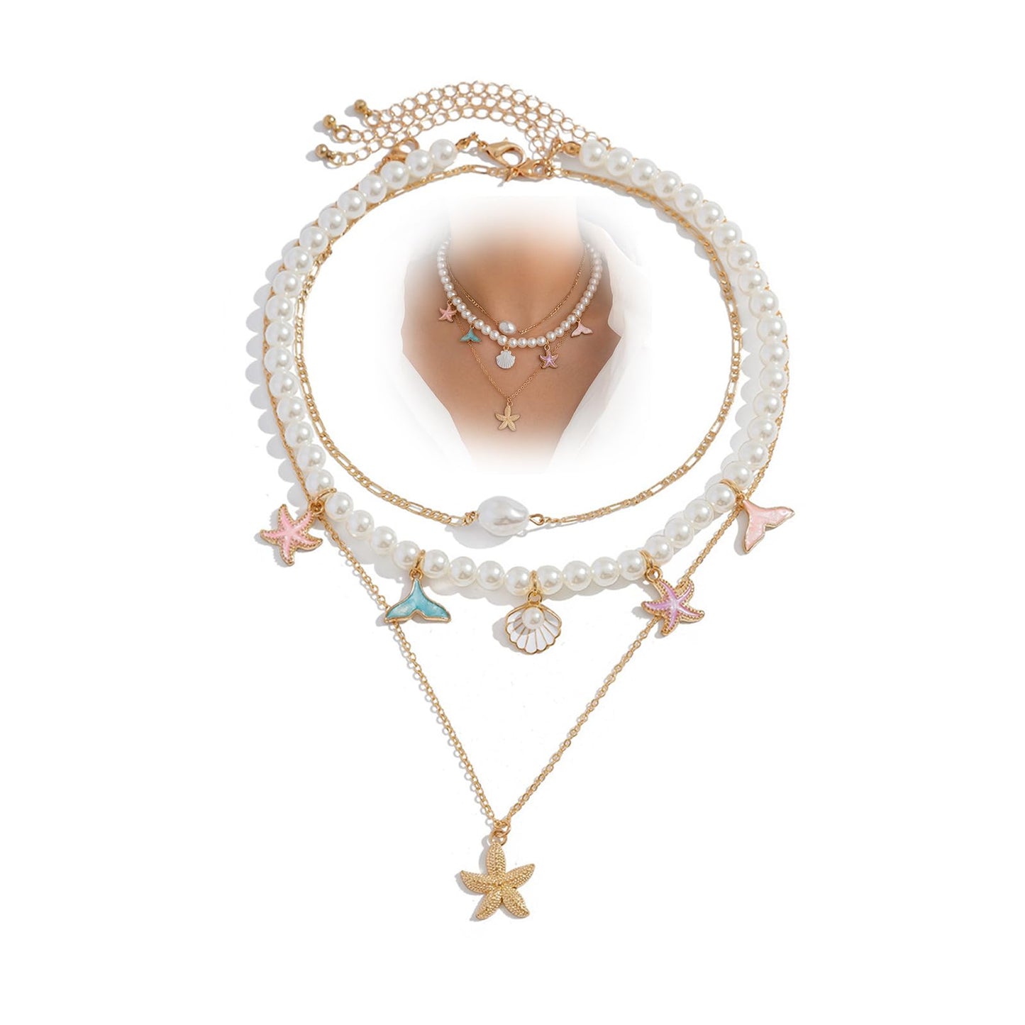 Chunky Gold Layered Pearl Starfish Statement Necklace Dainty Beach Pearls Beaded Seashell Choker Stacked Conch Sea Shell Necklaces Trendy Hawaiian Beachy Jewelry for Women (Colorful)