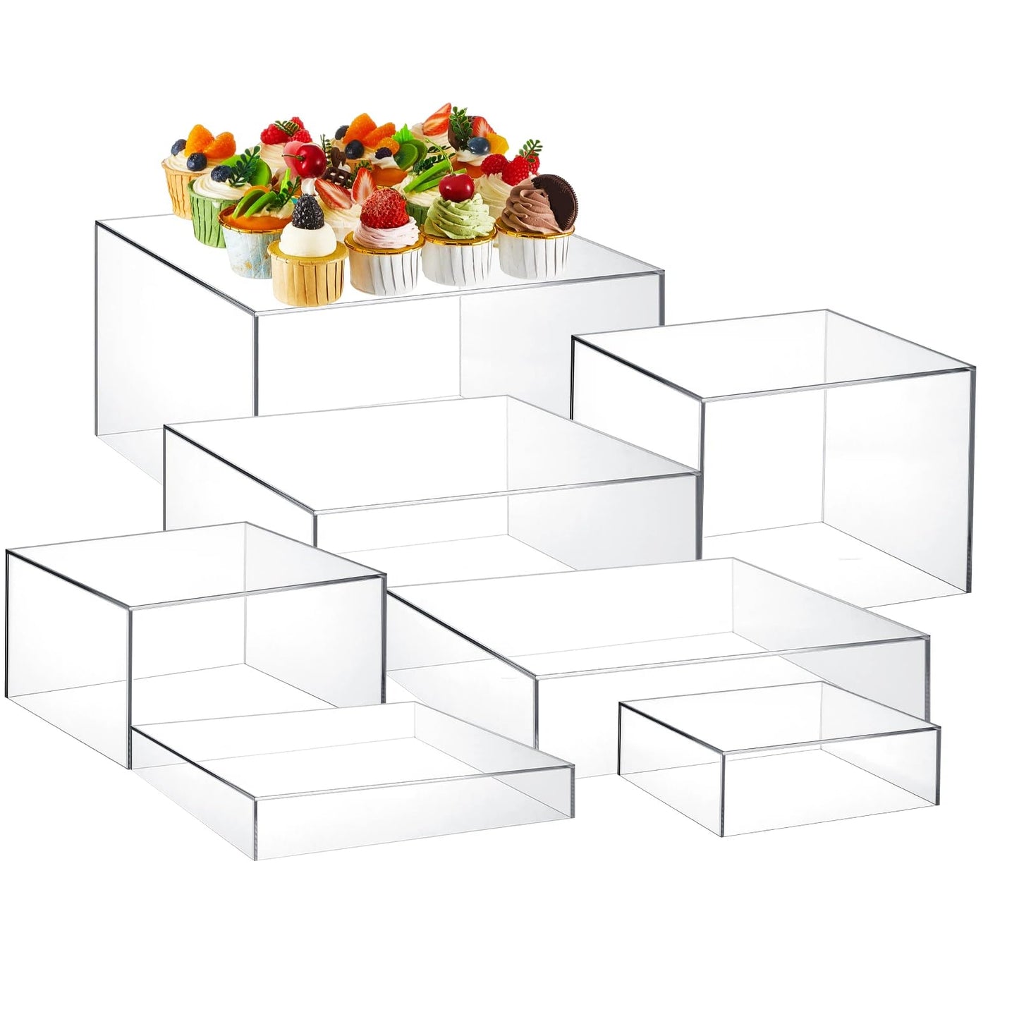 Leinuosen 7 Pcs Large Buffet Risers Set 6" to 12" Acrylic Display Box Catering Dessert Table Riser Food Display Decorative Stand with Hollow Bottom for Catering Supplies(Clear, Square)