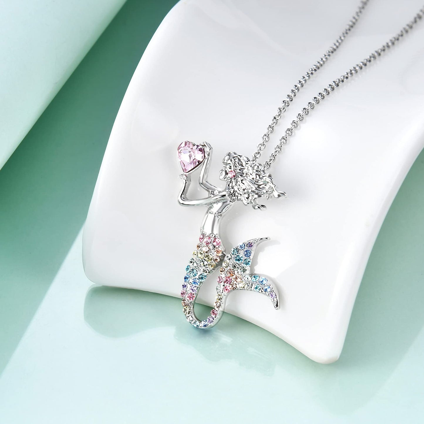 luomart Fashion Mermaid Birthstone Necklace Jewelry White Gold Plated Austrian Crystal Pendant Gift for Girls Women (Rainbow Blue)