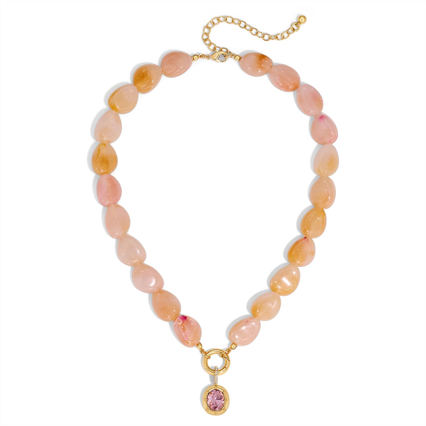 Boho Pink Acrylic Beaded Necklace for Women, 14K Gold Plated Dainty Resin Choker with Pink Cubic Zirconia Pendant, Handmade Statement Summer Jewelry, Adjustable Necklaces for Wedding Party Gift