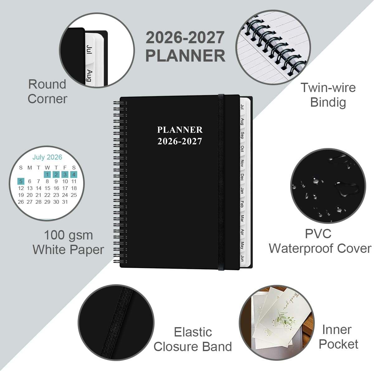 2026-2027 Planner - 8.5" x 11" Weekly Monthly Planner from July 2026 to June 2027 with 12 Monthly Tabs, Inner Pocket, Elastic Closure, Black