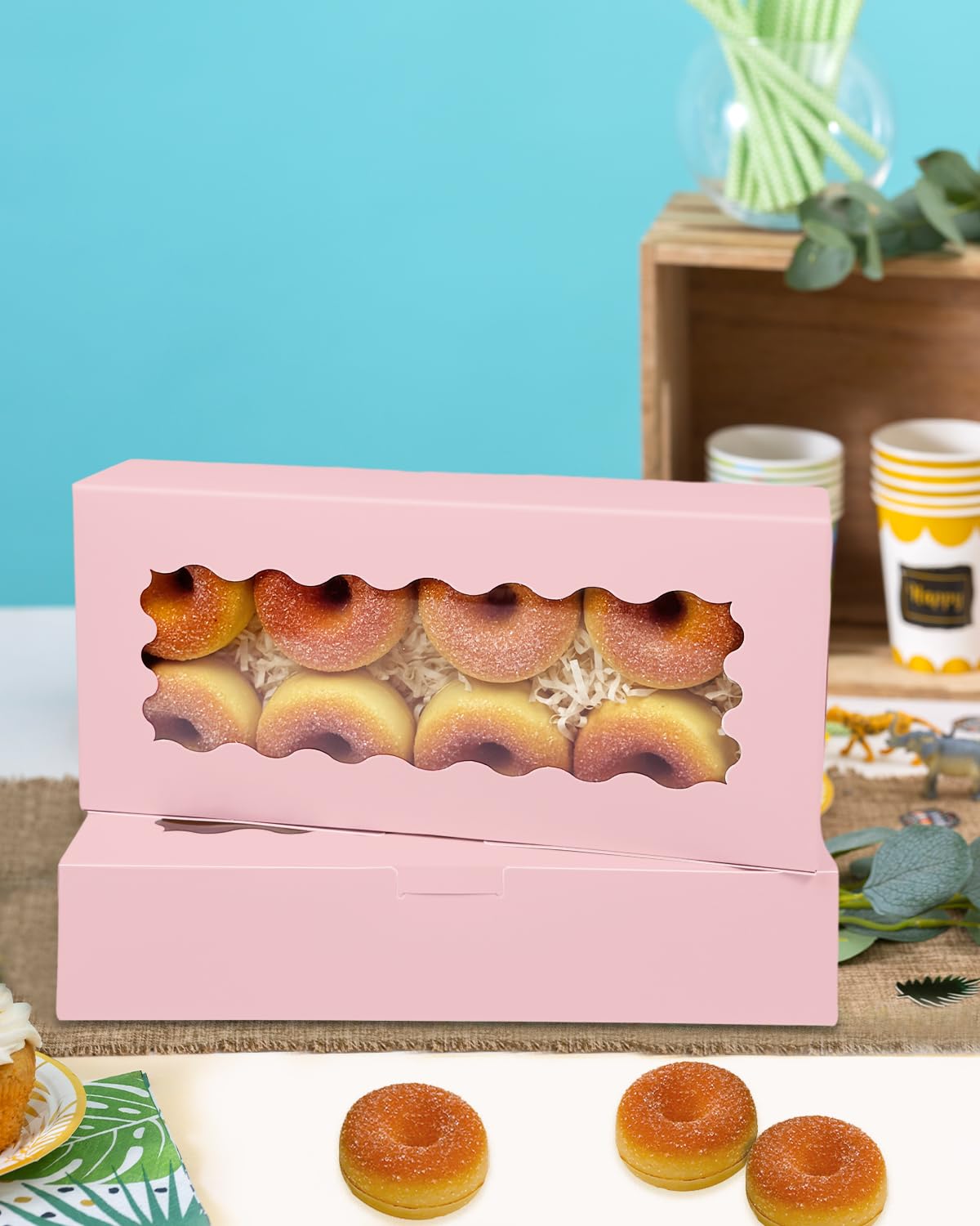 qiqee 50 Packs Pink Cookie Box with Window 12x5.5x2.5 Inch Two Uses Pastry Biscuit Bakery Box For Packaging