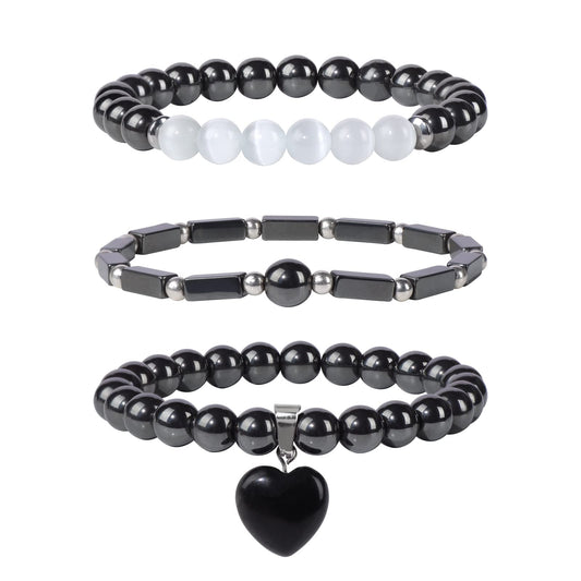 Vinswet Healing Crystal Beaded Bracelets for Women,Natural Hematite Moonstone Gemstones Bracelet,Anxiety Stress Relief Heart Charm Bracelet Handmade Black Jewelry Gifts for Women (3pcs)