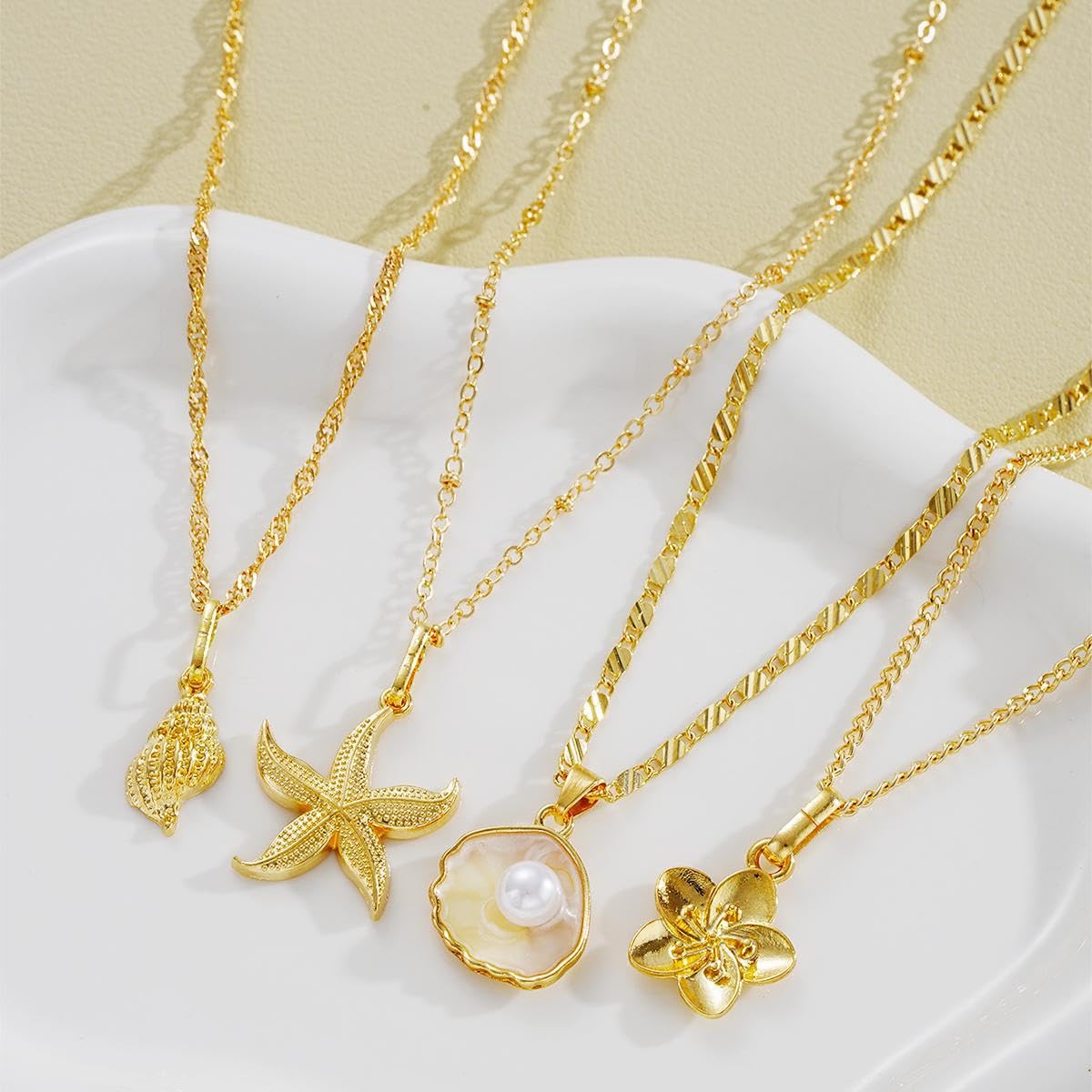 Gold Shell Starfish Necklace for Women Layered Pearl Conch Pendant Necklace Dainty Summer Beach Vacation Boho Jewelry (Gold 4pcs)